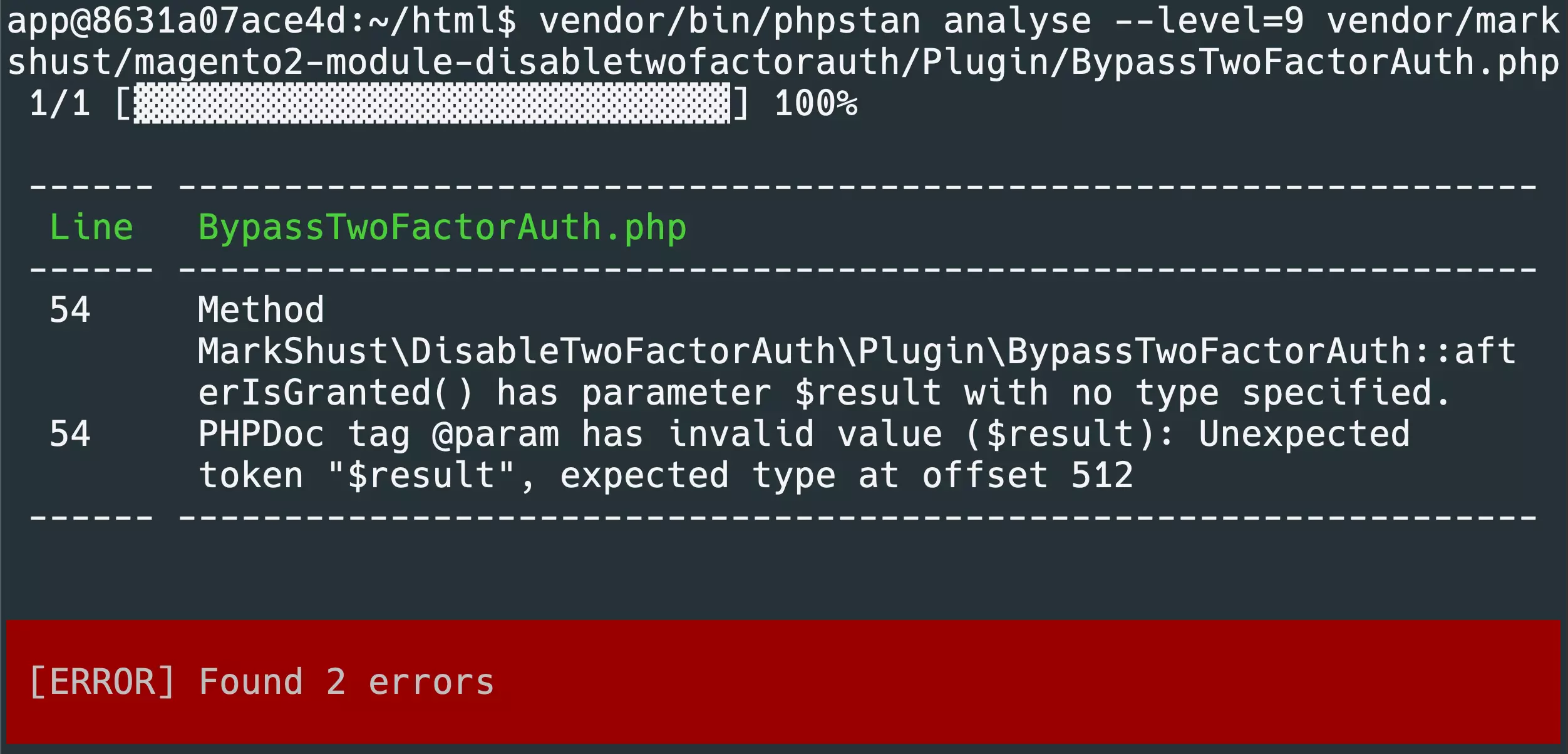 PHPStan errors result