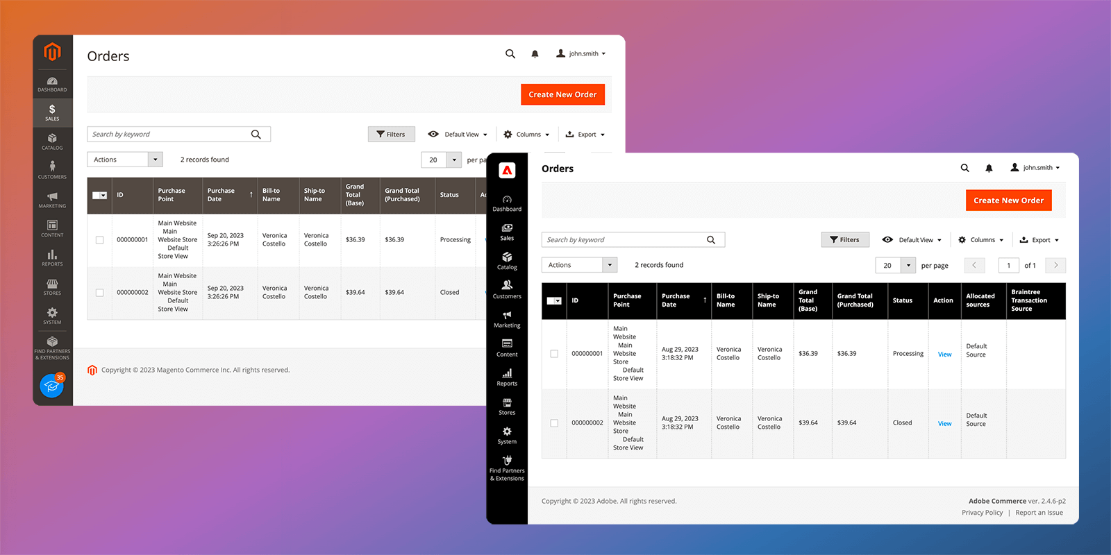 Compare Magento Open Source Admin with Adobe Commerce Admin