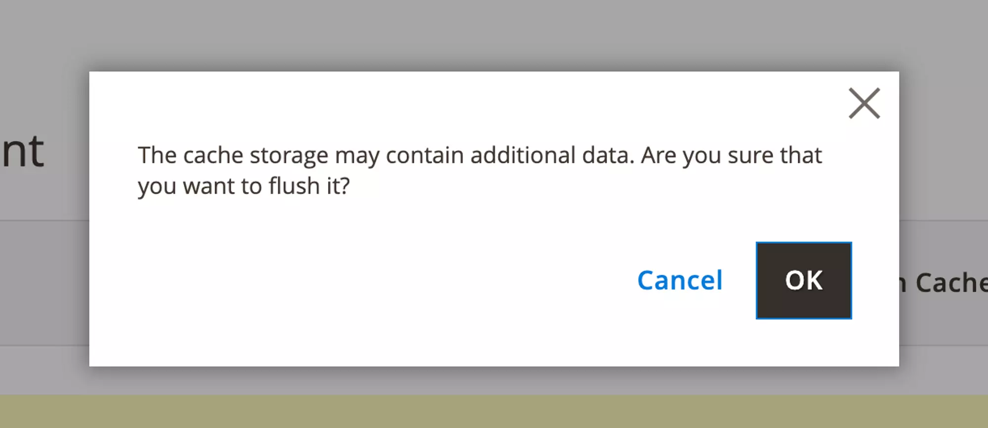 Magento cache prompt dialog